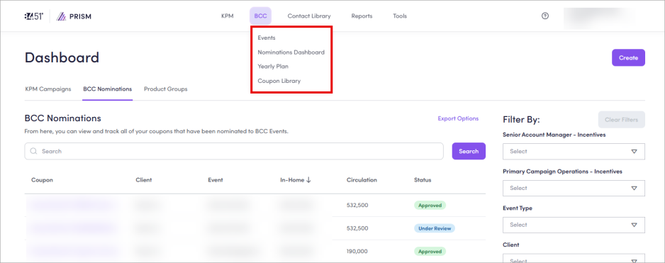 This screenshot shows the BCC Nominations dashboard in Prism.