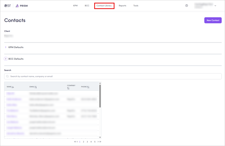 This screenshot shows the Contact Library in Prism.