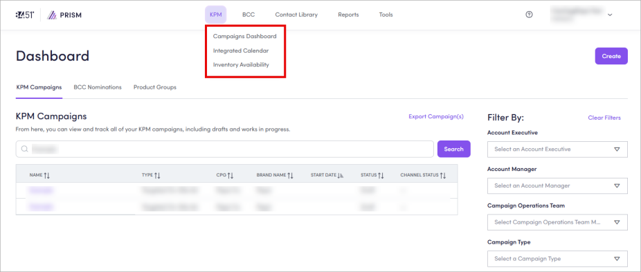 This screenshot shows the KPM Campaigns dashboard in Prism.