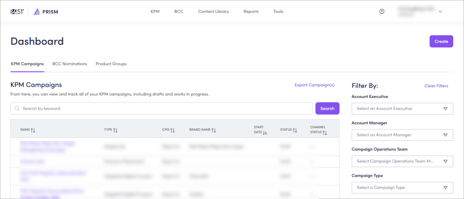 This screenshot shows the main dashboard in Prism.