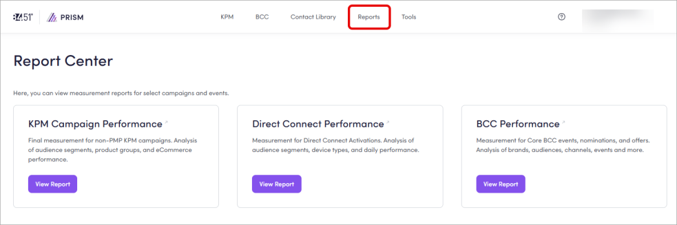 This screenshot shows the Report Center dashboard in Prism.
