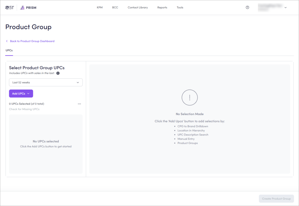 This screenshot shows the Product Group Creator in Prism.
