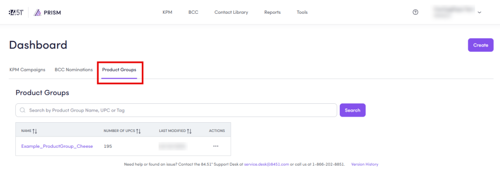 This screenshot shows the Product Groups dashboard in Prism.